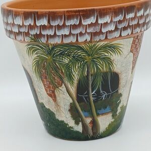 Donna Walters Terracotta Handpainted Flower Pot Rustic Tropical Palm Tree Signed